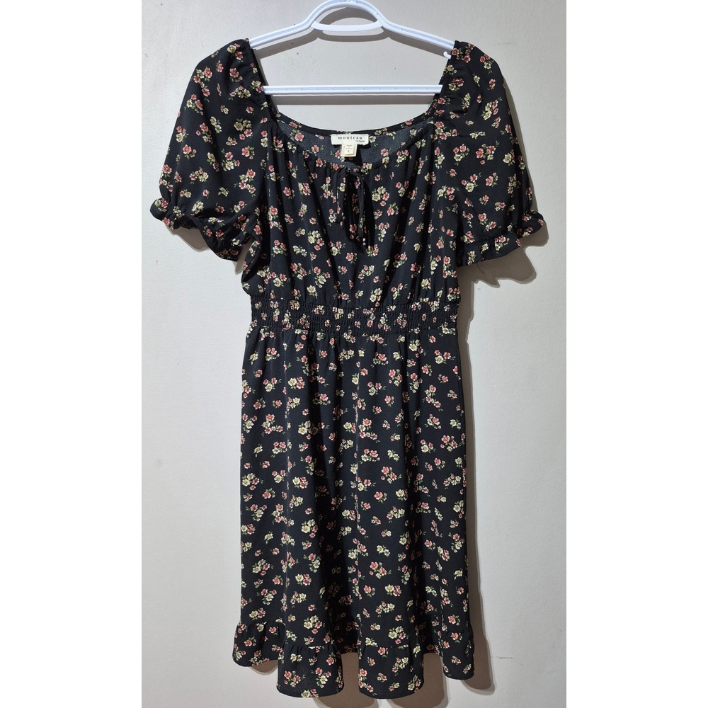 Monteau Los Angeles‎ Black Floral Puff Sleeve Smocked Waist Ruffle Dress Large